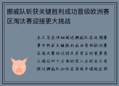 挪威队斩获关键胜利成功晋级欧洲赛区淘汰赛迎接更大挑战